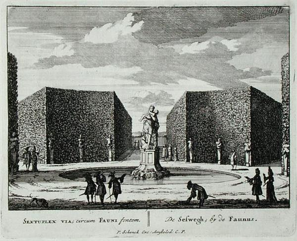 سياج سداسي بواسطة نافورة فاون ، من "Admirandorum Quadruplex Spectaculum" ، بقلم جان فان كول (1656-1703) ، نُشر قبل عام 1715 (نقش) بواسطة بيتر شينك