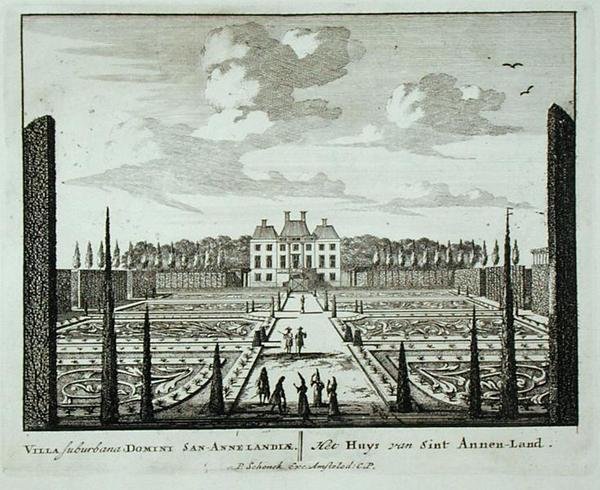 منزل وحدائق في Saint Annen-Land ، من Admirandorum Quadruplex Spectaculum ، بقلم جان فان كول (1656-1703) ، نُشر قبل عام 1715 (نقش) بواسطة بيتر شينك