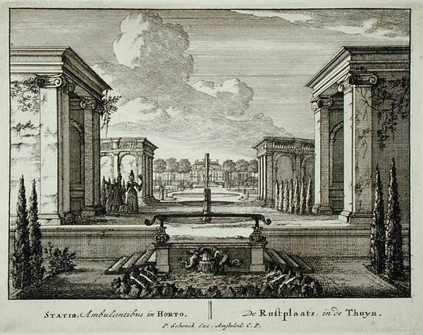 يستريح في حديقة ، من "Admirandorum Quadruplex Spectaculum" ، بقلم جان فان كول (1656-1703) ، نُشر قبل عام 1715 (نقش) بواسطة بيتر شينك