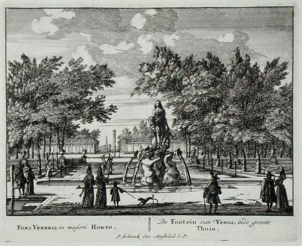 نافورة الزهرة في حديقة كبيرة ، من Admirandorum Quadruplex Spectaculum ، بقلم جان فان كول (1656-1703) ، نُشرت قبل عام 1715 (نقش) بواسطة بيتر شينك