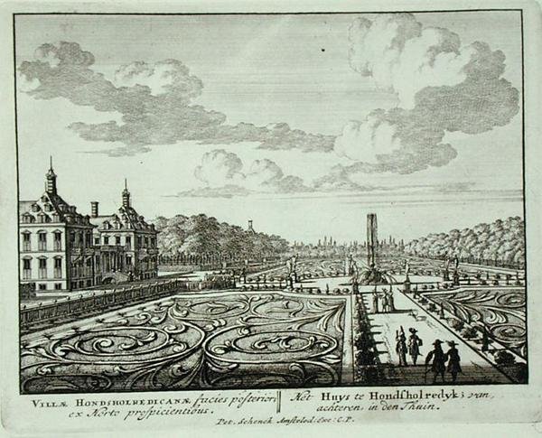 الحديقة في Honsholredyk ، من Admirandorum Quadruplex Spectaculum ، بقلم جان فان كول (1656-1703) ، نُشرت قبل عام 1715 (نقش) بواسطة بيتر شينك