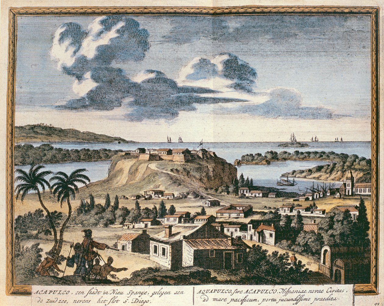 منظر لأكابولكو ، رسم توضيحي من "هيكتوموبوليس" ، نُشر في أمستردام عام 1700 بواسطة بيتر شينك