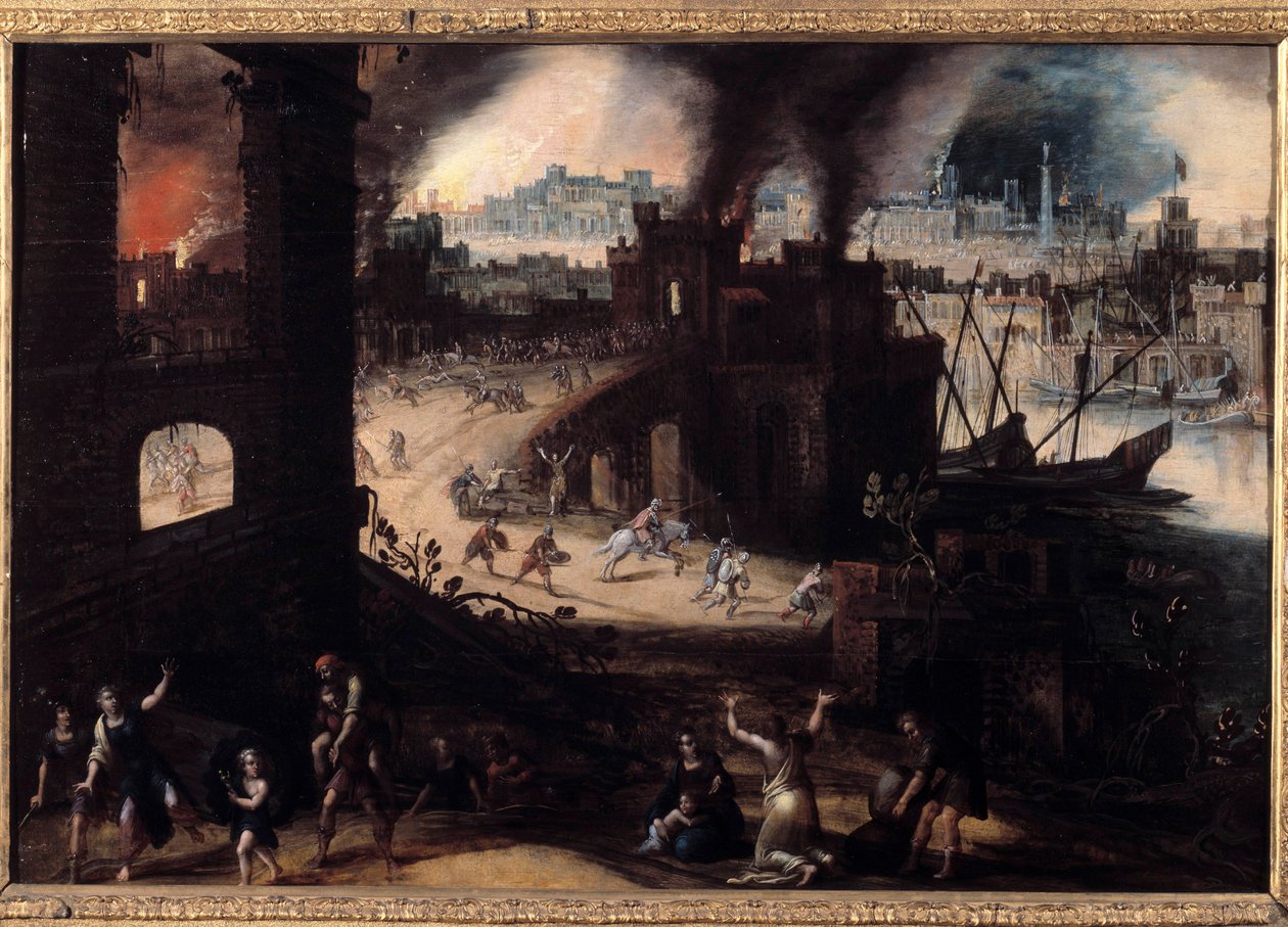 The Destruction of Troy Painting by Pieter Schoubroeck (1570-1607) 17th century Besancon. Museum of Fine Arts بواسطة بيتر شوبروك