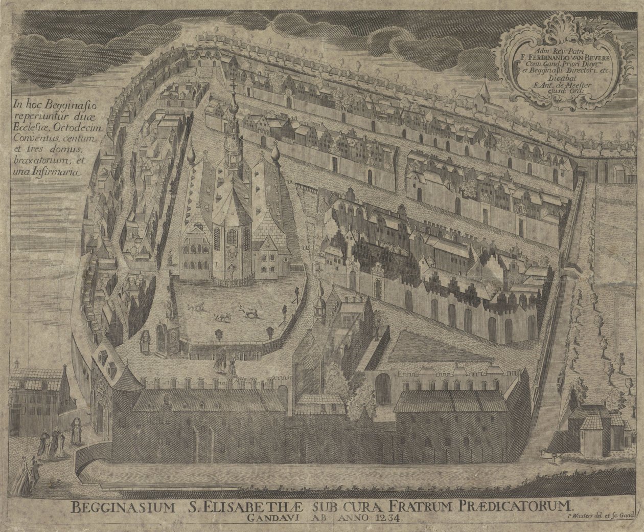 Gezicht op het Sint-Elisabethbegijnhof en de Sint-Elisabethkerk te Gent Begginasium of St. Elisabeth تحت رعاية الأخوة الواعظ من غنت من عام 1234 (العنوان على الكائن) بواسطة بيتر ووترز