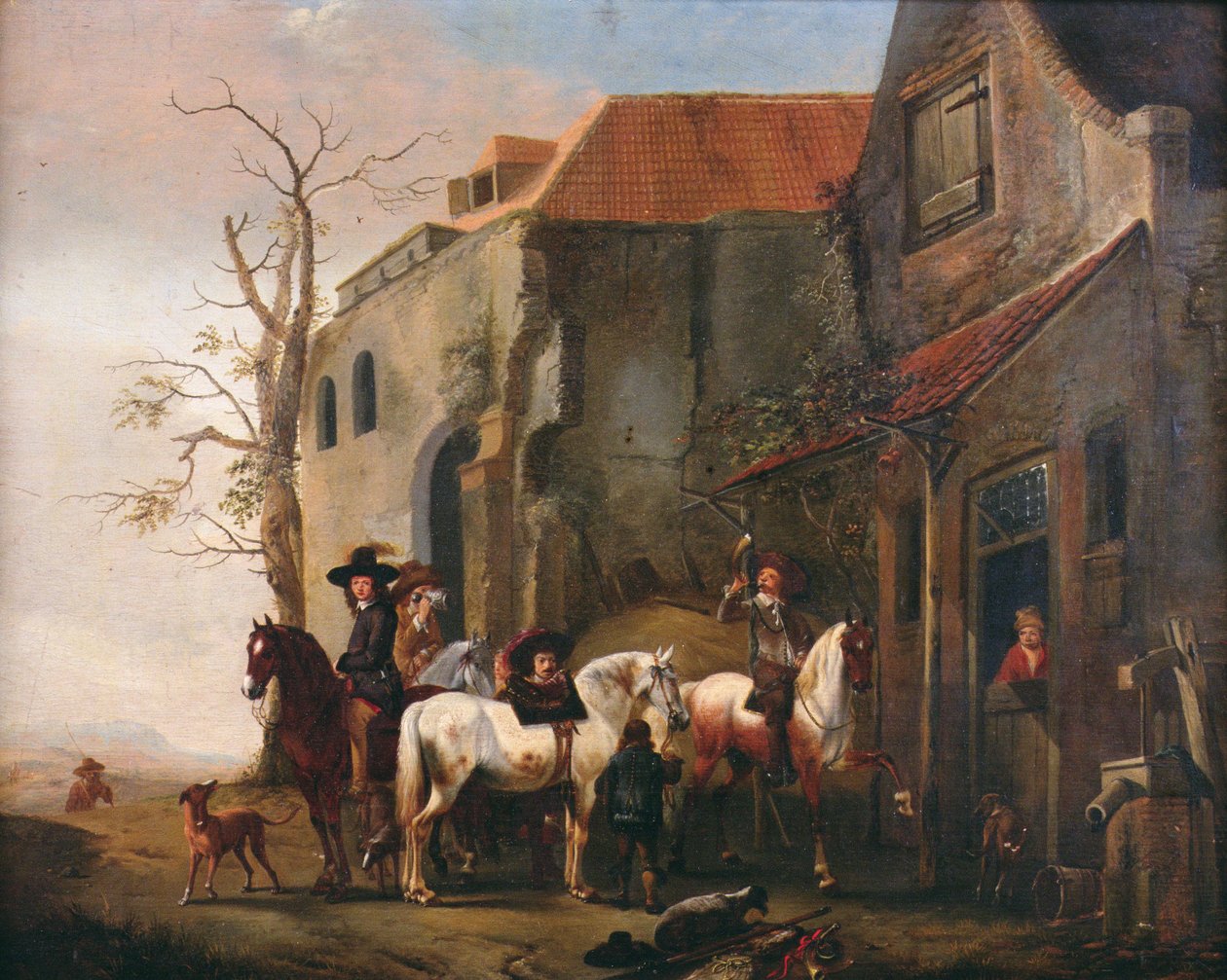 الدراجين والخيول عند باب نزل بواسطة بيتر Wouwermans أو Wouwerman