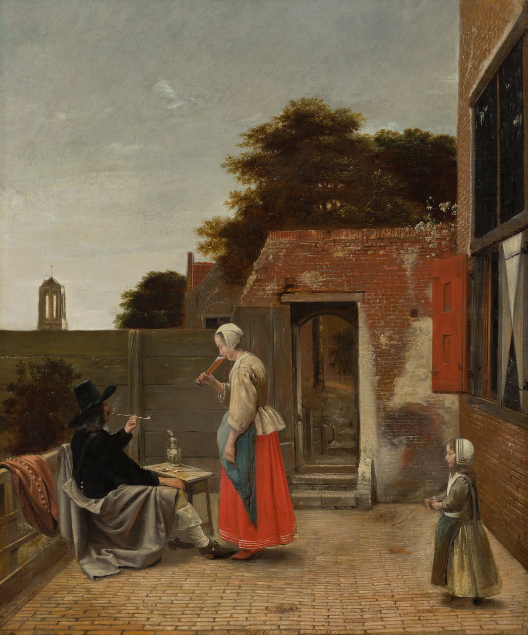 رجل يدخن وامرأة تشرب في فناء ، c.1658-60 بواسطة بيتر دي هوش