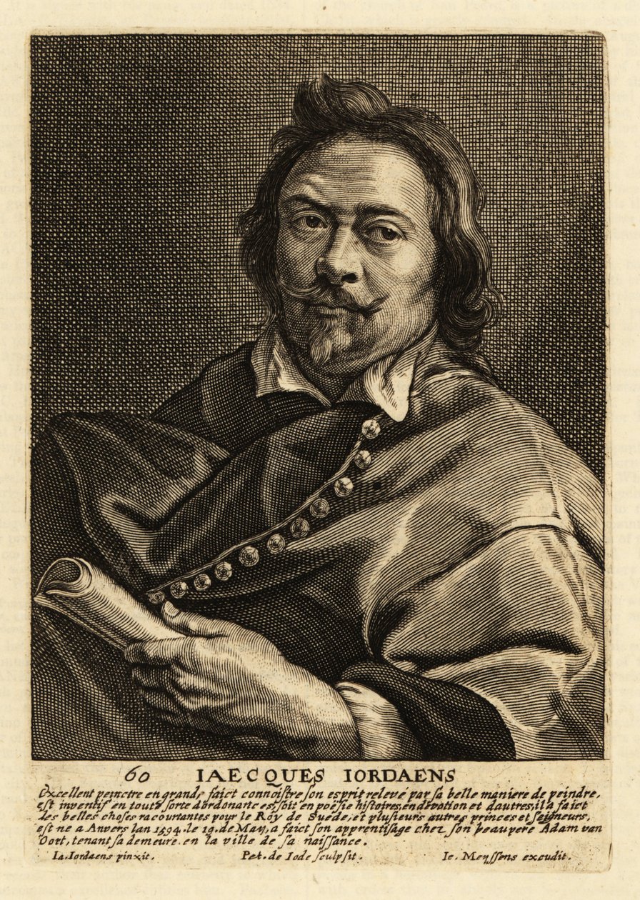 Portrait of Jacques Jordaens, Flemish painter, draughtsman and tapestry designer known for his history paintings, genre scenes and portraits بواسطة بيتر دي الثاني جود
