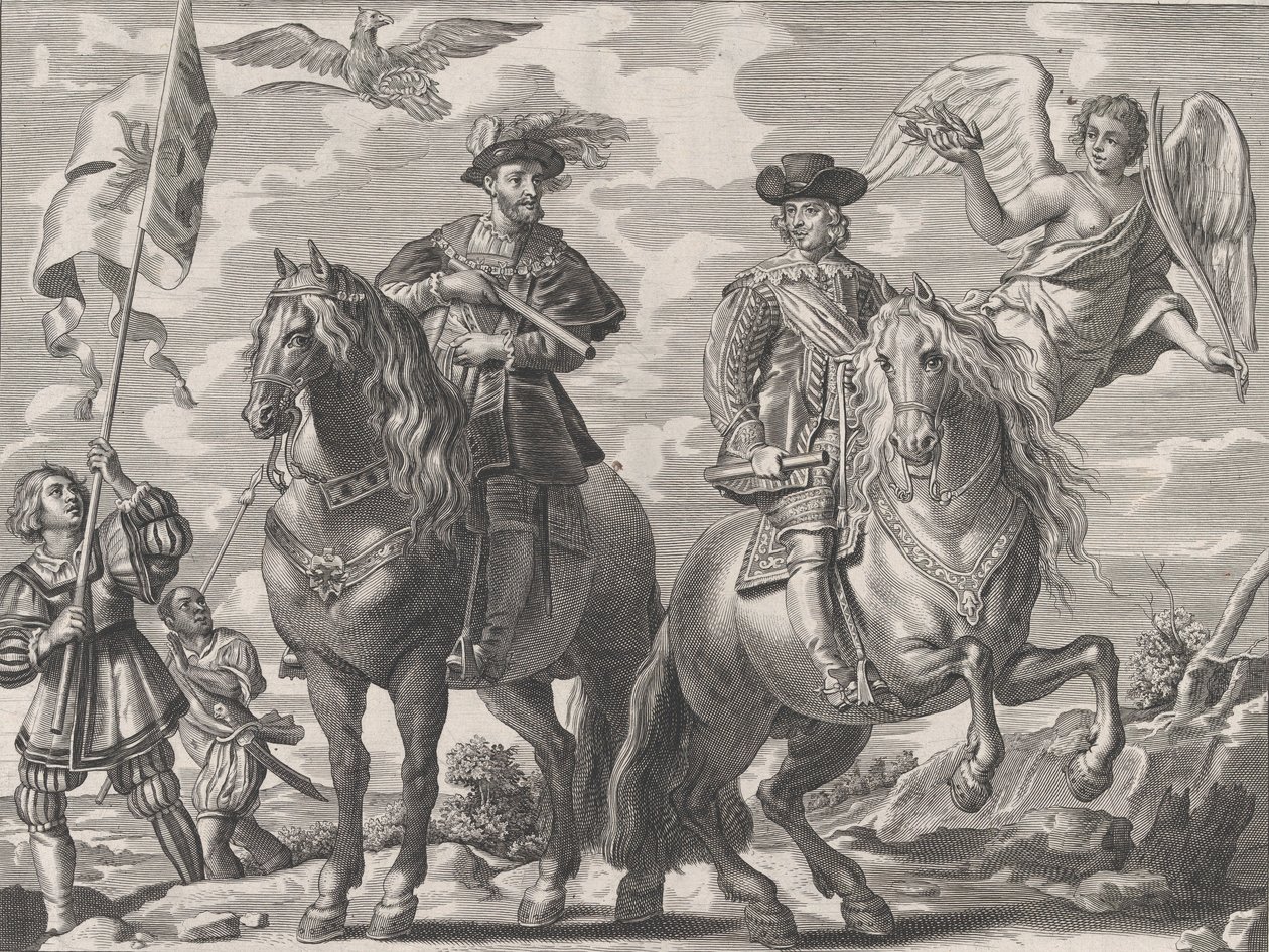 اللوحة 20: تشارلز الخامس وفرديناند على ظهور الخيل ، من Serenissimi Pr من Guillielmus Becanus ، 1636. بواسطة بيتر دي جود الثاني