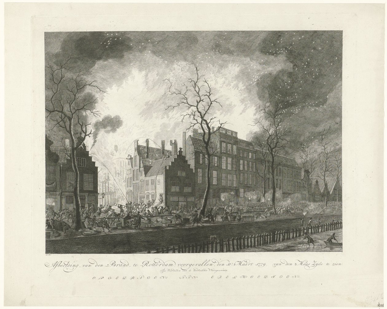 حريق في Pottebakkerssteeg في روتردام ، 1779 الصورة ، فان دن براند ، حدثت في روتردام ، الحادي عشر. مارس 1779. فان دن ماس الحرير على الشاشة (العنوان على الجسم) بواسطة بيتر دي ماري
