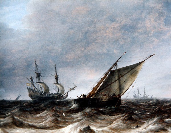 A Smalschip و Man-of-War في بحار متقلبة (زيت على لوح) بواسطة بيتر الأكبر مولير