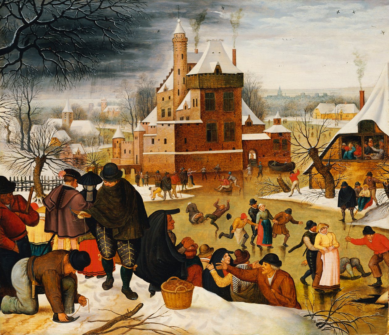 سكان المدينة يتزلجون على خندق قلعة (زيت على لوح) بواسطة بيتر الأصغر Bruegel