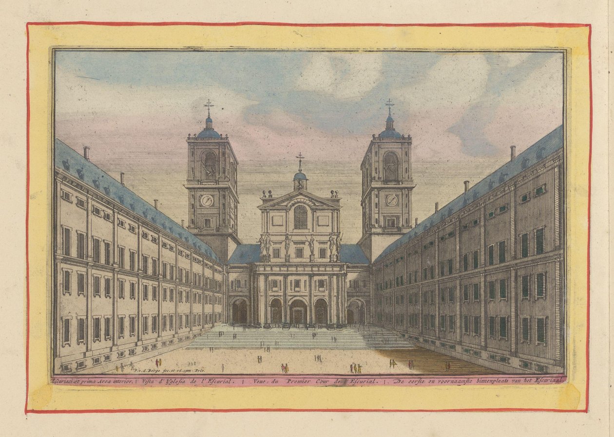 منظر للفناء ومدخل كنيسة سان لورينزو في Escorial الفناء الأول والرئيسي لـ Escurial (العنوان على الكائن) Theatrum Hispaniae (...) (عنوان السلسلة) بواسطة بيتر فان دن بيرج