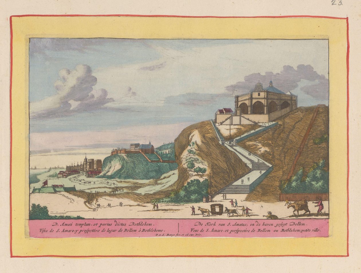 منظر لكنيسة سانتو أمارو بالقرب من لشبونة كنيسة S. Amatus ، وميناء sesegt Bellem (العنوان على الكائن) Theatrum Hispaniae (...] (عنوان المسلسل) بواسطة بيتر فان دن بيرج