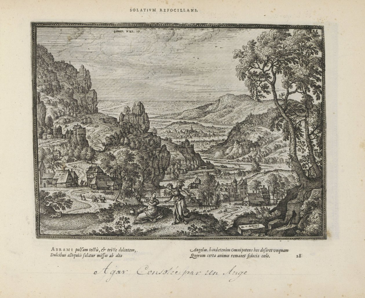 التقى Landschap Hagar en de engel Solatium refocillans (العنوان على الكائن) الشعارات المقدسة والتاريخ الرئيسي للعهدين (Oude Testament) (عنوان السلسلة) الصور والأشكال للكتب (عنوان السلسلة) بواسطة بيتر فان دير بورشت (الأول)