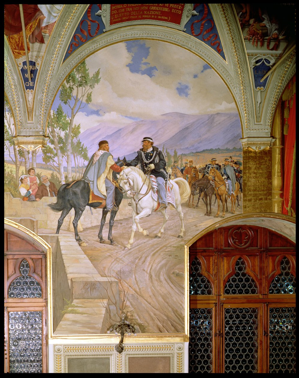 لقاء بين جوزيبي غاريبالدي (1807-1882) والملك فيتوريو إيمانويل الثاني (1820-1878) في 26 أكتوبر 1860 في تيانو ، إيطاليا ، 1886 بواسطة بيترو الدي