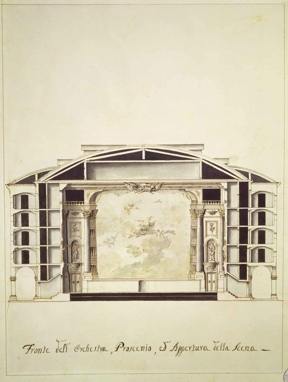 عرض مقطع عرضي لمسرح على القناة الكبرى يظهر المسرح والأوركسترا ، 1787 بواسطة بيترو بيانكي