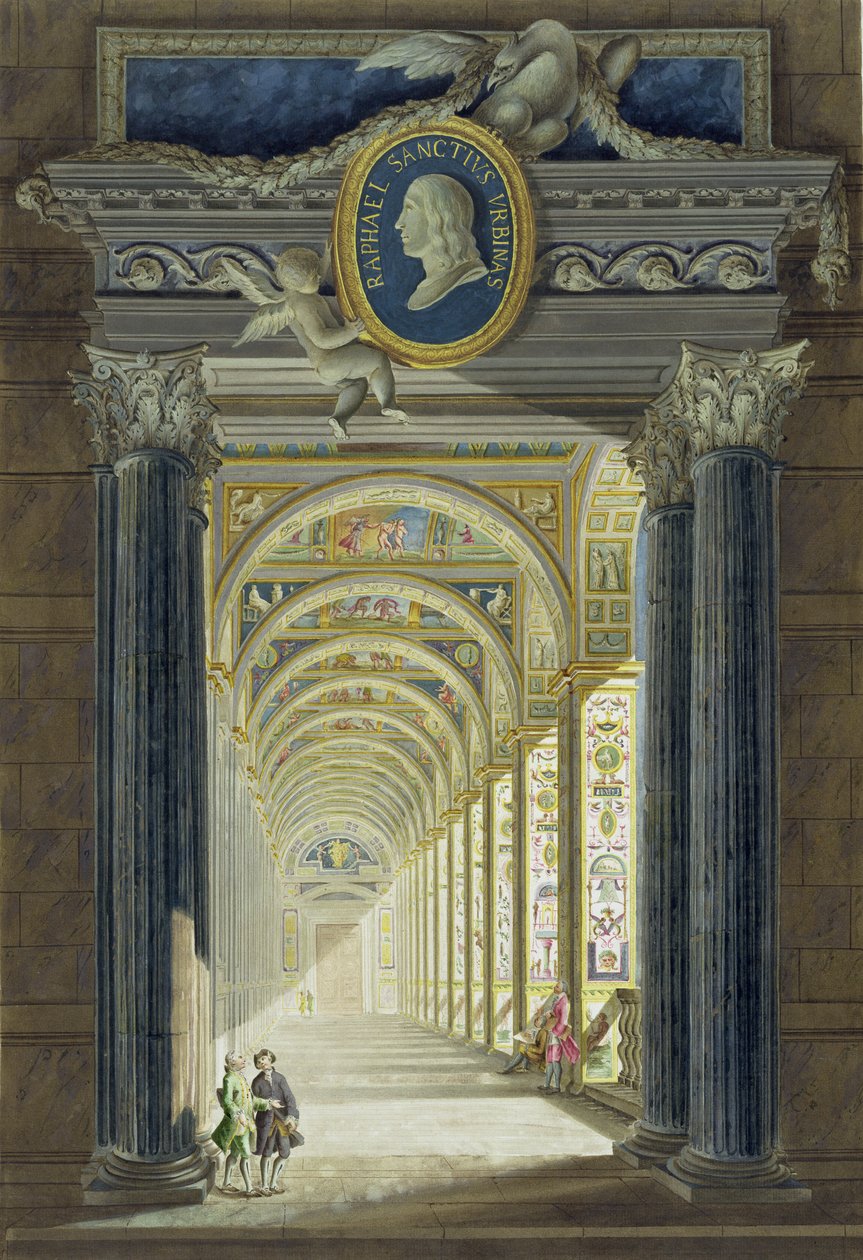 صورة في الواجهة مع صورة ميدالية لرافائيل (1483-1520) ، من Rafael&39;s Delle Loggie في الفاتيكان ، محفورة بواسطة Giovanni Volpato (1735-1803) ، تم نشرها c.1772-77 (نقش ملون باليد) بواسطة بيترو كامبوريسي