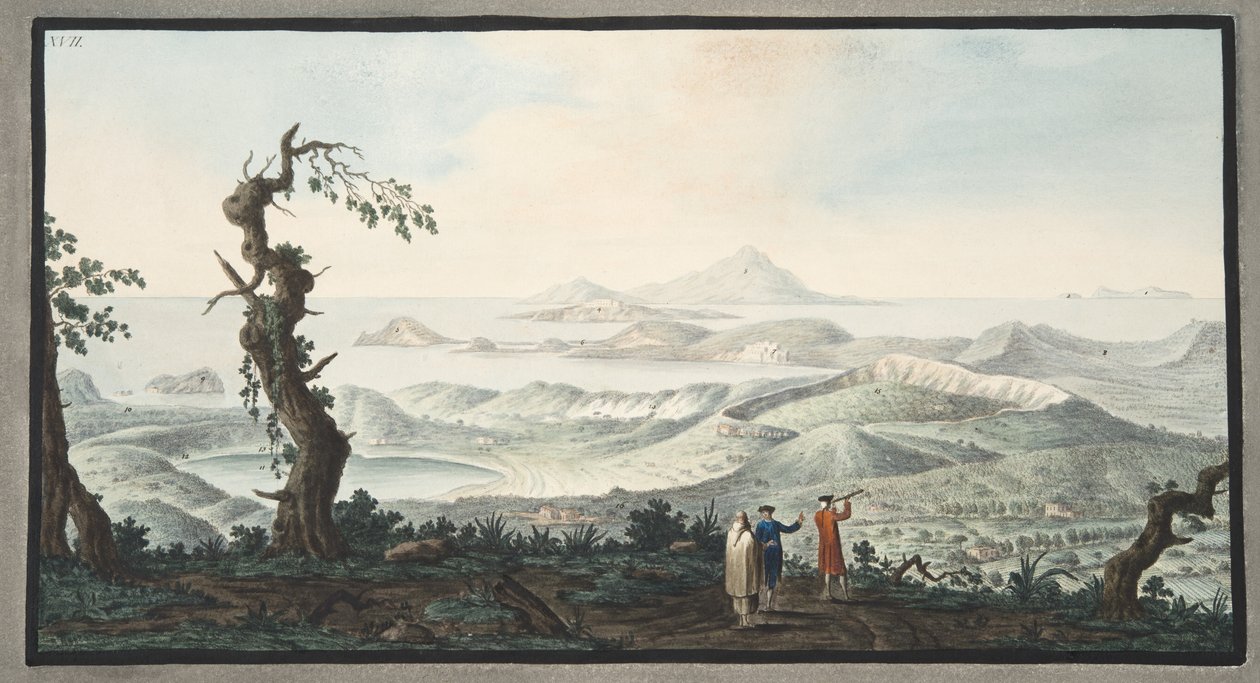 نظرة عين الطائر من دير Camalpoli ، اللوحة XVII ، من "Campi Phlegraei: ملاحظات حول براكين الصقليتين" ، بقلم السير ويليام هاميلتون (1730-1803) ، تم نشره عام 1776 (hand co بواسطة بيترو فابريس