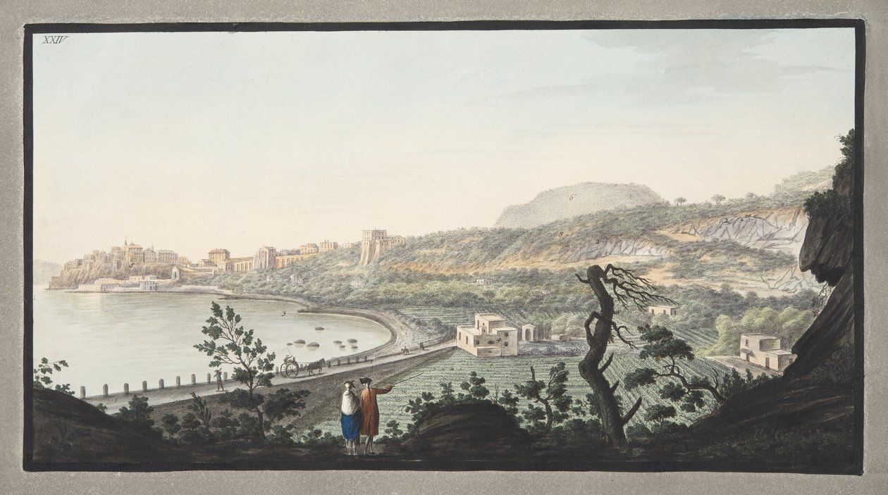 منظر من Puzzoli مأخوذ من البقعة الممثلة في اللوحة XIII ، اللوحة XXIV من "Campi Phlegraei: ملاحظات حول براكين الصقليتين" ، بقلم السير ويليام هاميلتون (1730-1803) ، نشر 1776 بواسطة بيترو فابريس