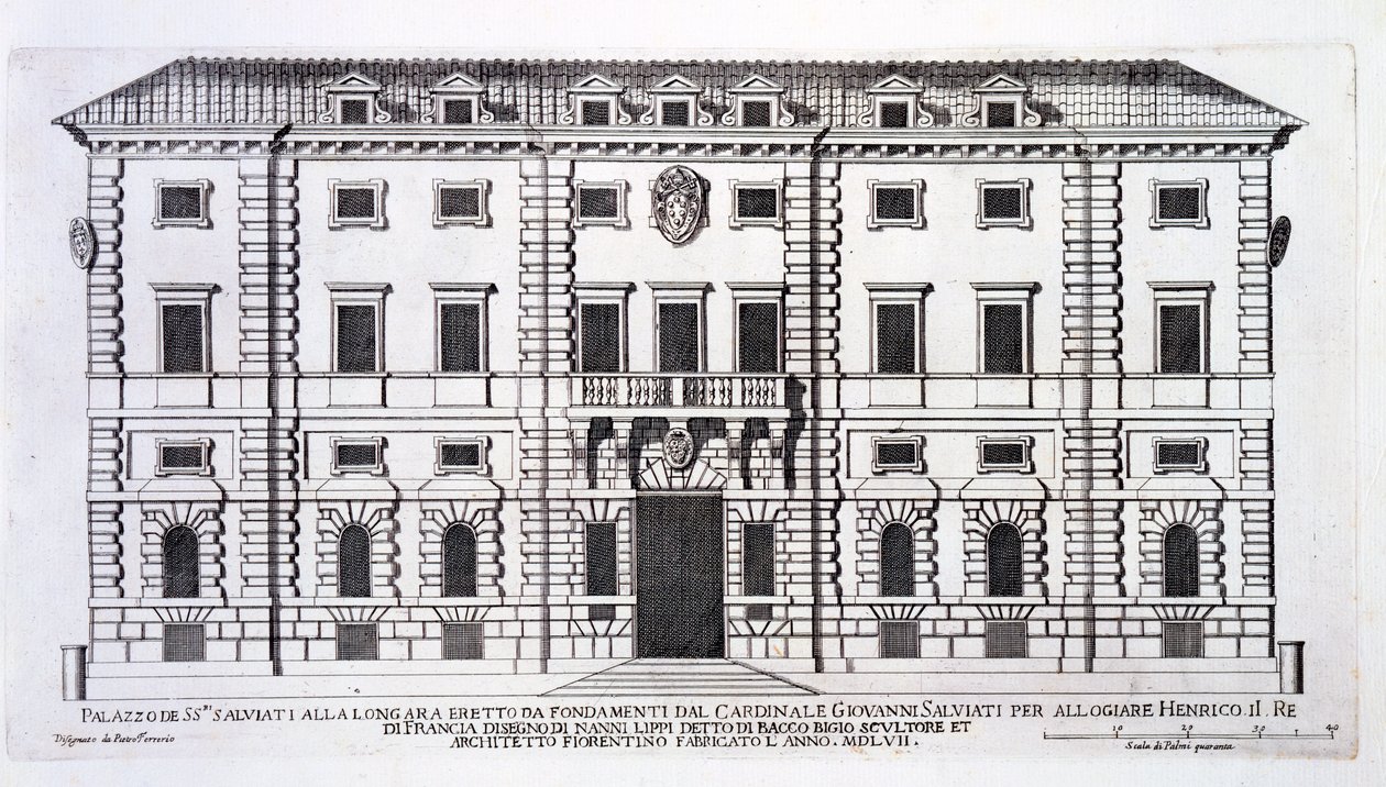 منظر لواجهة Palazzo Salviati في روما ، بتكليف من الكاردينال جيوفاني سالفاتي لإيواء هنري ، ملك فرنسا ، وصممه Nanni di Baccio Bigio (dc1568) في 1557 بواسطة بيترو فيريريو