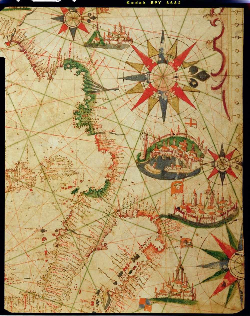 الساحل الجنوبي لفرنسا وإيطاليا ودالماتيا ، من أطلس بحري ، 1651 (حبر على الرق) (التفاصيل من 330924) بواسطة بيترو جيوفاني بونيس