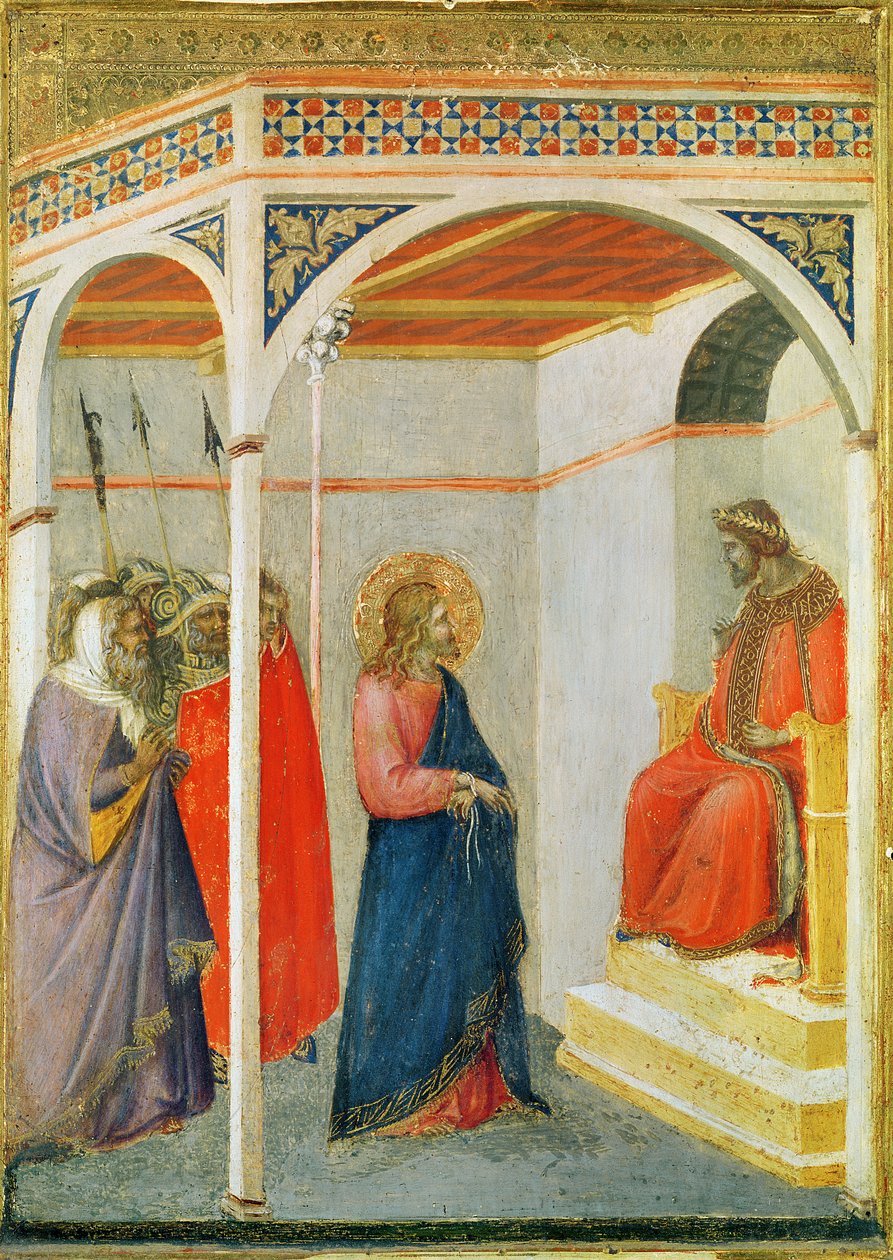 المسيح قبل بونتيوس بيلاطس ، c.1335 (تمبرا وورقة الذهب على الخشب) بواسطة بيترو لورينزيتي