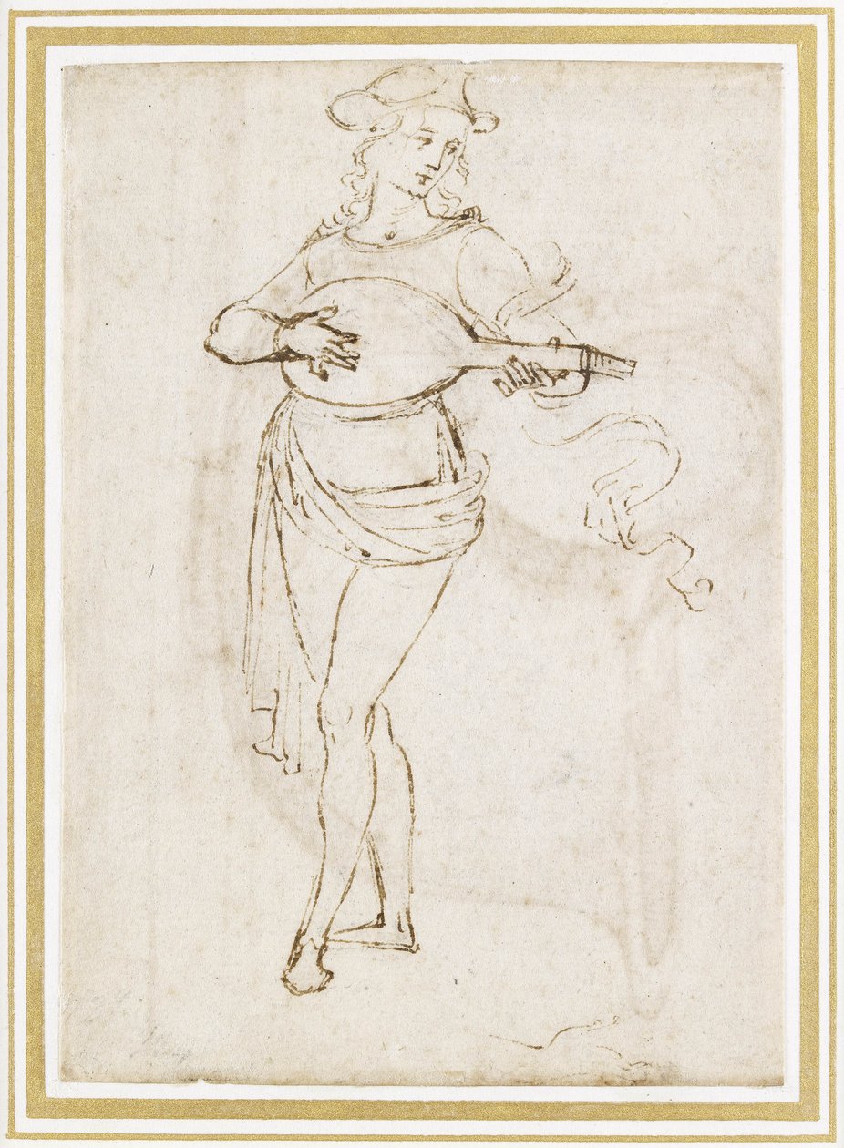A Lute Player (قلم وحبر بني غامق على طباشير أسود على ورق أبيض باهت) بواسطة بيترو بيروجينو