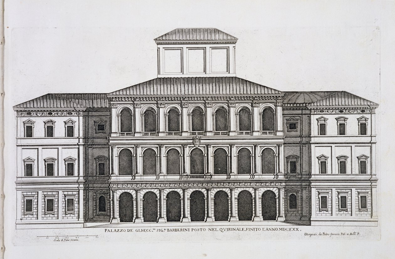 Palazzo Barberini on the Quirinale ، انتهى عام 1630 ، من "Palazzi di Roma" ، الجزء الأول ، تم نشره عام 1655 بواسطة بيترو فيريريو