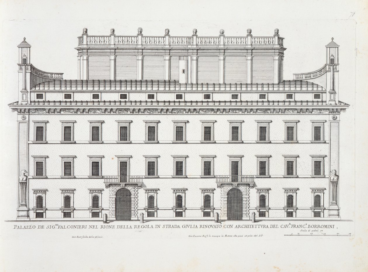 بالازو فالكونييري ، روما ، من "Palazzi di Roma" ، الجزء الثاني ، تم نشره في سبعينيات القرن التاسع عشر بواسطة بيترو فيريريو