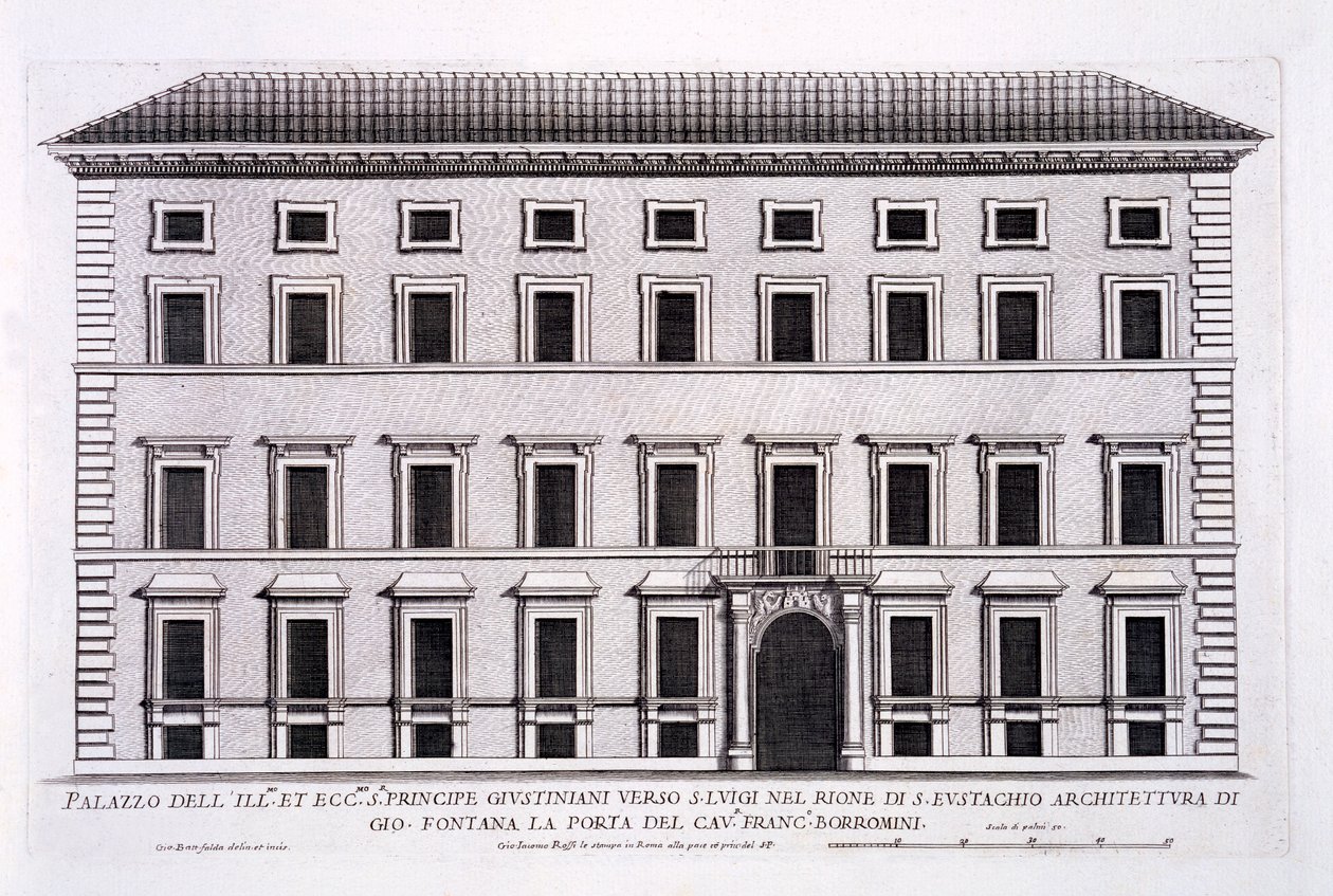 Palazzo Giustiniani ، روما ، من "Palazzi di Roma" ، الجزء الثاني ، تم نشره في سبعينيات القرن التاسع عشر بواسطة بيترو فيريريو