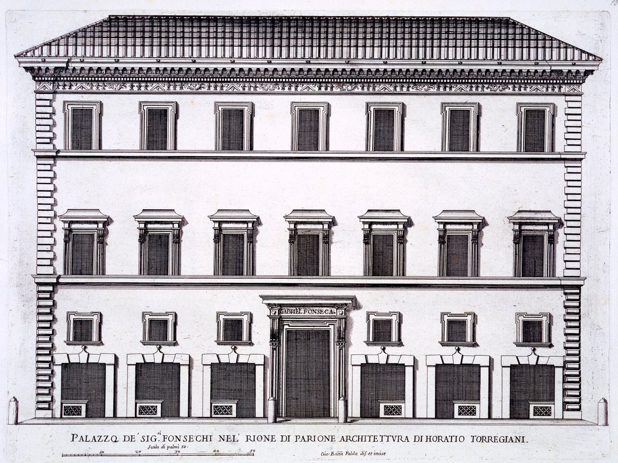 بالازو من عائلة فونسيكا ، روما ، من "Palazzi di Roma" ، الجزء الثاني ، تم نشره في سبعينيات القرن التاسع عشر بواسطة بيترو فيريريو
