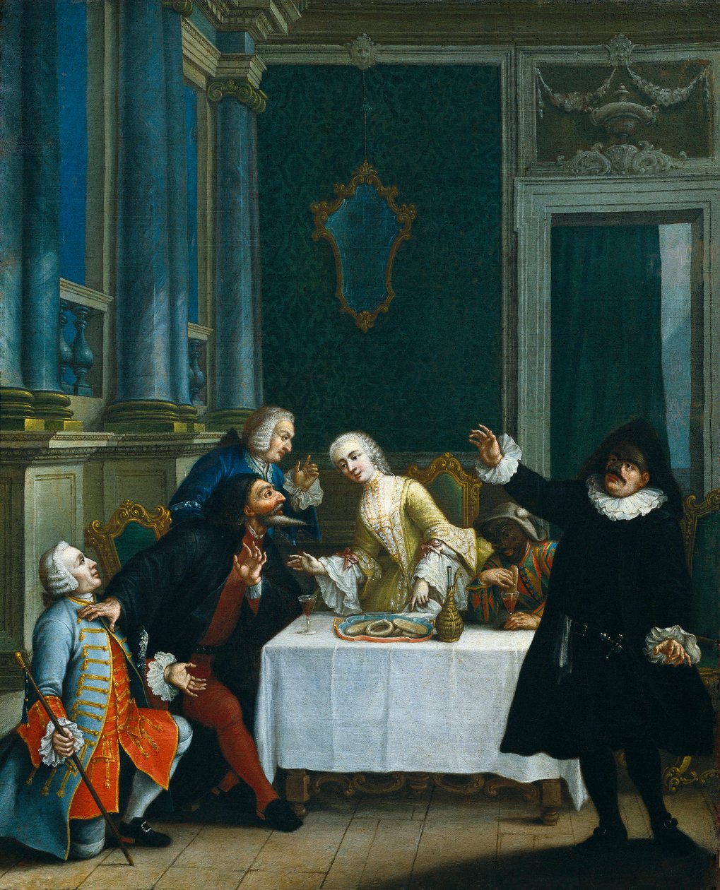 "الوجبة الخفيفة مع الأقنعة" "كوميديون يرتدون أزياء Commedia dell'arte حول طاولة حيث يتم تقديم البسكويت والنبيذ (بالتفصيل) القرن الثامن عشر (رسم) بواسطة بيترو (مدرسة) لونجي