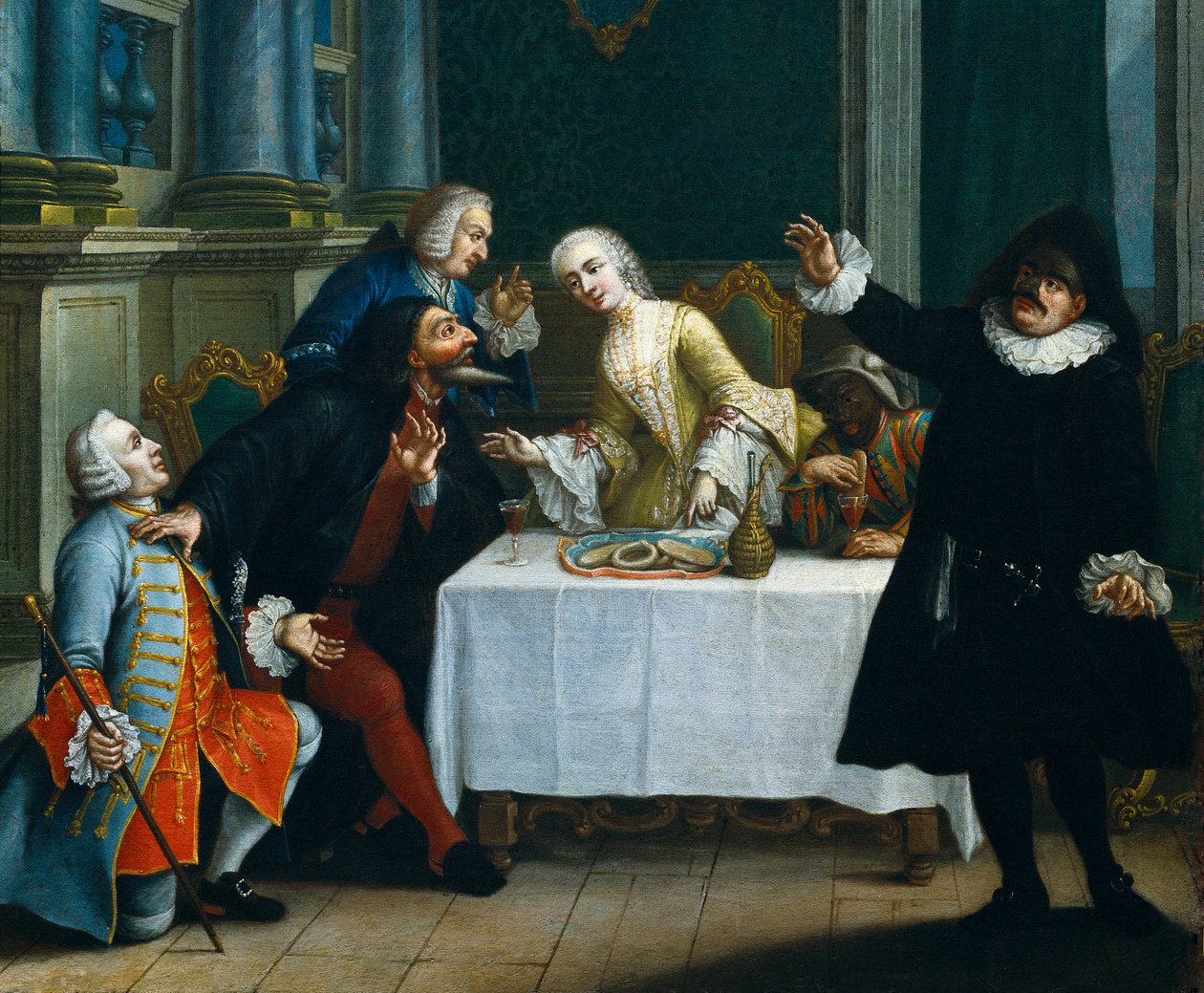 "الوجبة الخفيفة مع الأقنعة" "كوميديون يرتدون أزياء Commedia dell