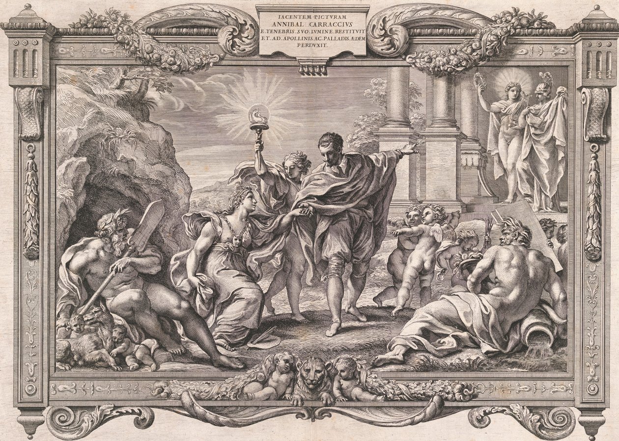 تقدم أنيبال كاراتشي الرسم إلى أبولو ومينيرفا ، 1674. بواسطة بيترو أكويلا