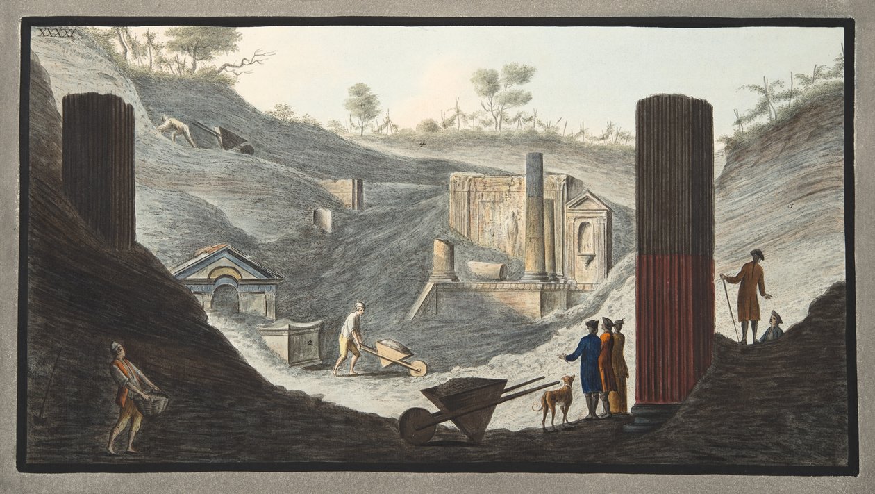 الحفريات المبكرة في Herculaneum ، حيث كان السير ويليام نشطًا بدعم من الملوك ، من "Campi Phlegraei: ملاحظات على براكين الصقليتين" بقلم ويليام هاميلتون ، 1776 بواسطة بيترو فابريس