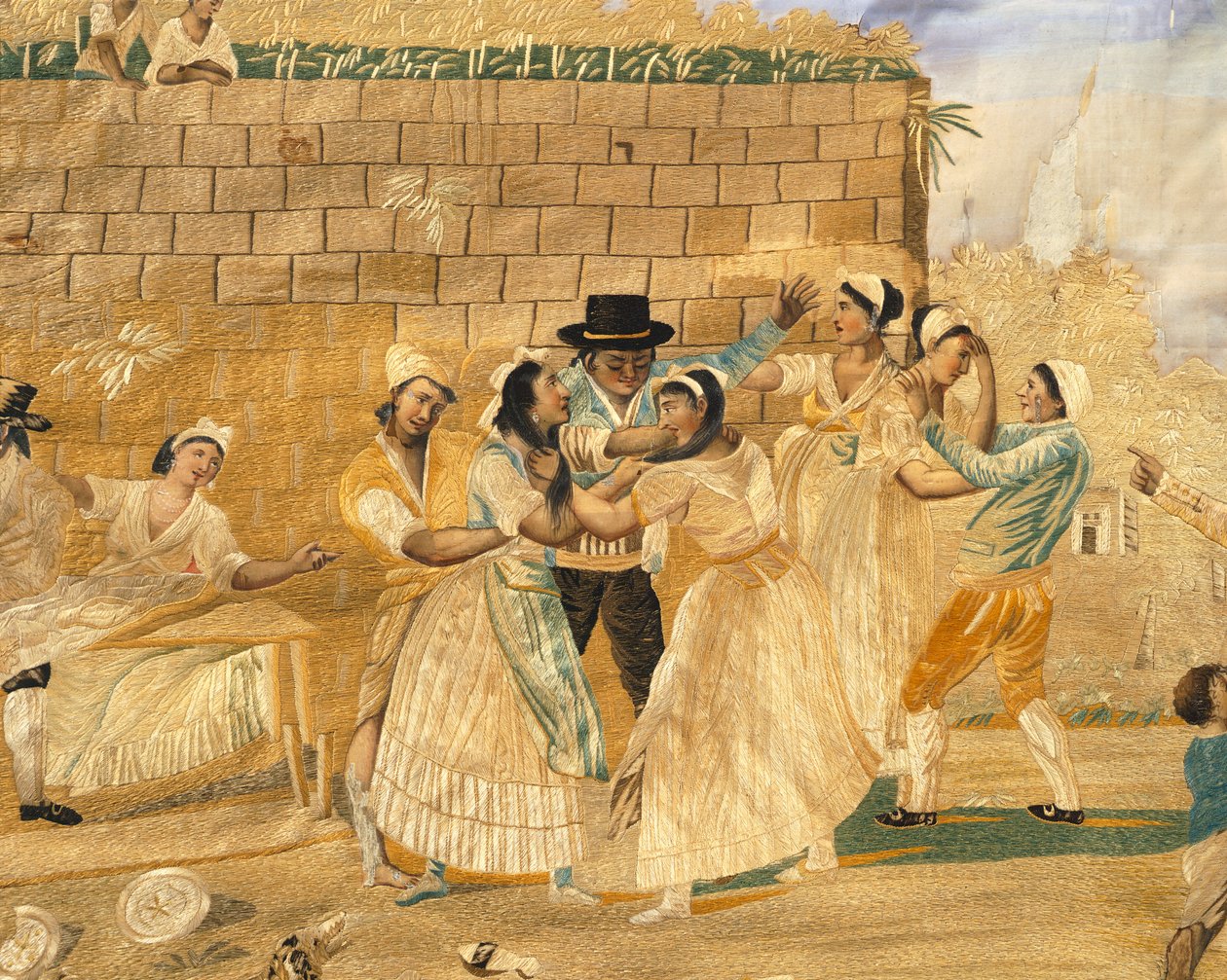 The possessive Neapolitan, fight scene, embroidery on silk from an engraving by Pietro Fabris, Italy بواسطة بيترو فابريس