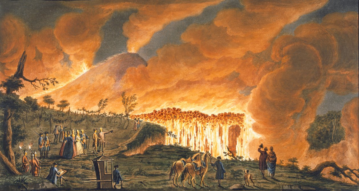 منظر هاميلتون يرافق أصحاب الجلالة الصقلية في 11 مايو 1771 ، لمراقبة تدفق الحمم البركانية من ثوران فيزوف العظيم ، اللوحة 38 من &39;Campi Phlegraei: ملاحظات على براكين ال بواسطة بيترو فابريس