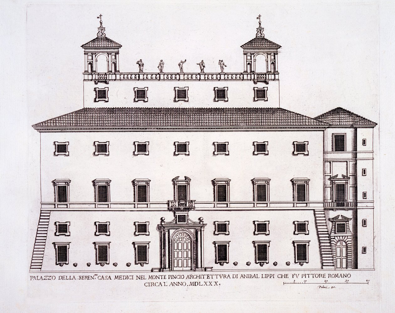Palazzo Serenissima ، Casa Medici ، على Pincio Hill ، روما ، من "Palazzi di Roma" ، تم نشره في الفترة من 1655 إلى 1970s بواسطة بيترو فيريريو