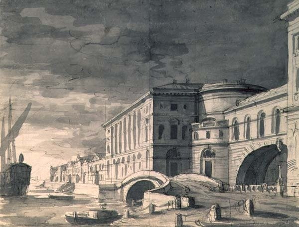 منظر لسد نيفا مع مسرح هيرميتاج في المنتصف بعد عام 1802 (قلم وفرشاة وحبر وقلم رصاص) بواسطة بيترو غونزاغا