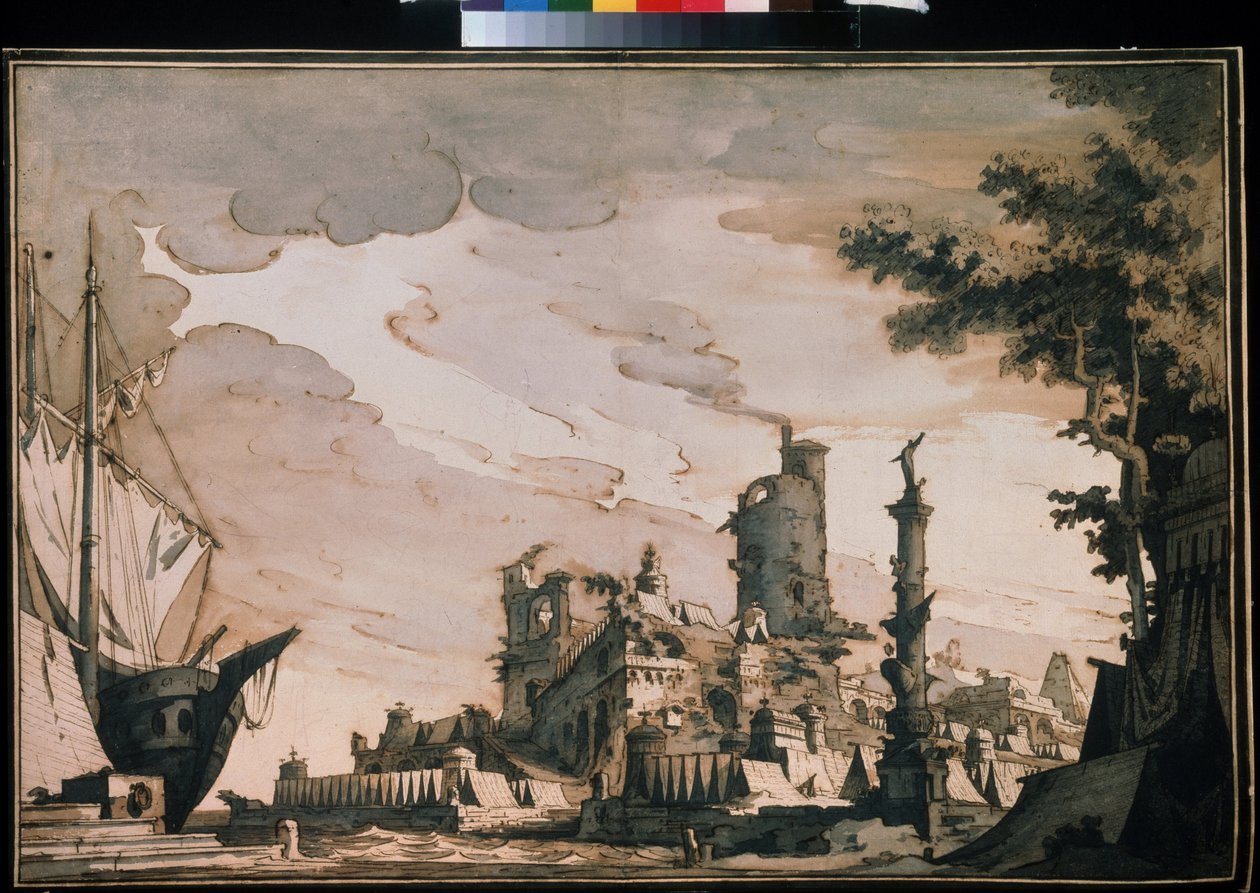 ديكور مسرح "منظر أى ميناء". لوحة مائية لبيترو دي جوتاردو غونزاغا (1751-1831) 1818. ألوان مائية وحبر على ورق. موسكو ، متحف بوشكين بواسطة بيترو غونزاغا
