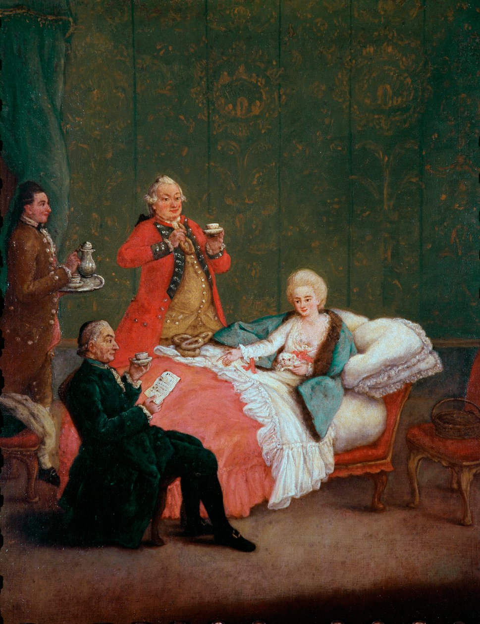 Morning chocolate young woman of the nobility lies in her bed served by three men. Painting by Pietro Longhi (1702-1785) 1775-1780. Dim. 60x47 cm Ca 