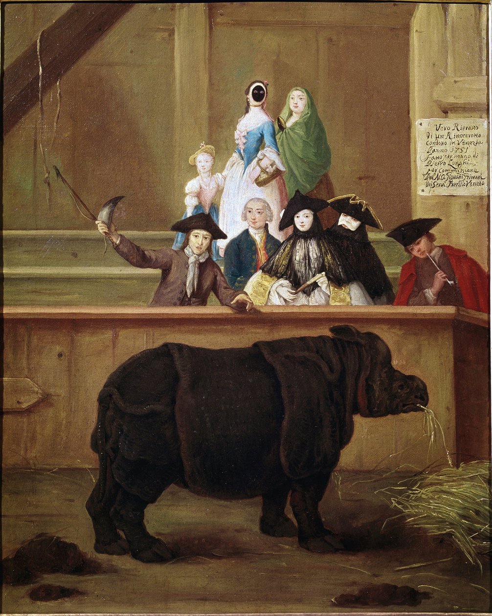 وحيد القرن: معرض كلارا وحيد القرن الهندي. لوحة لبيترو لونجي (1702-1785). 1751. متحف البندقية في القرن الثامن عشر. كا ريزونيكو ، البندقية. بواسطة بيترو لونغي