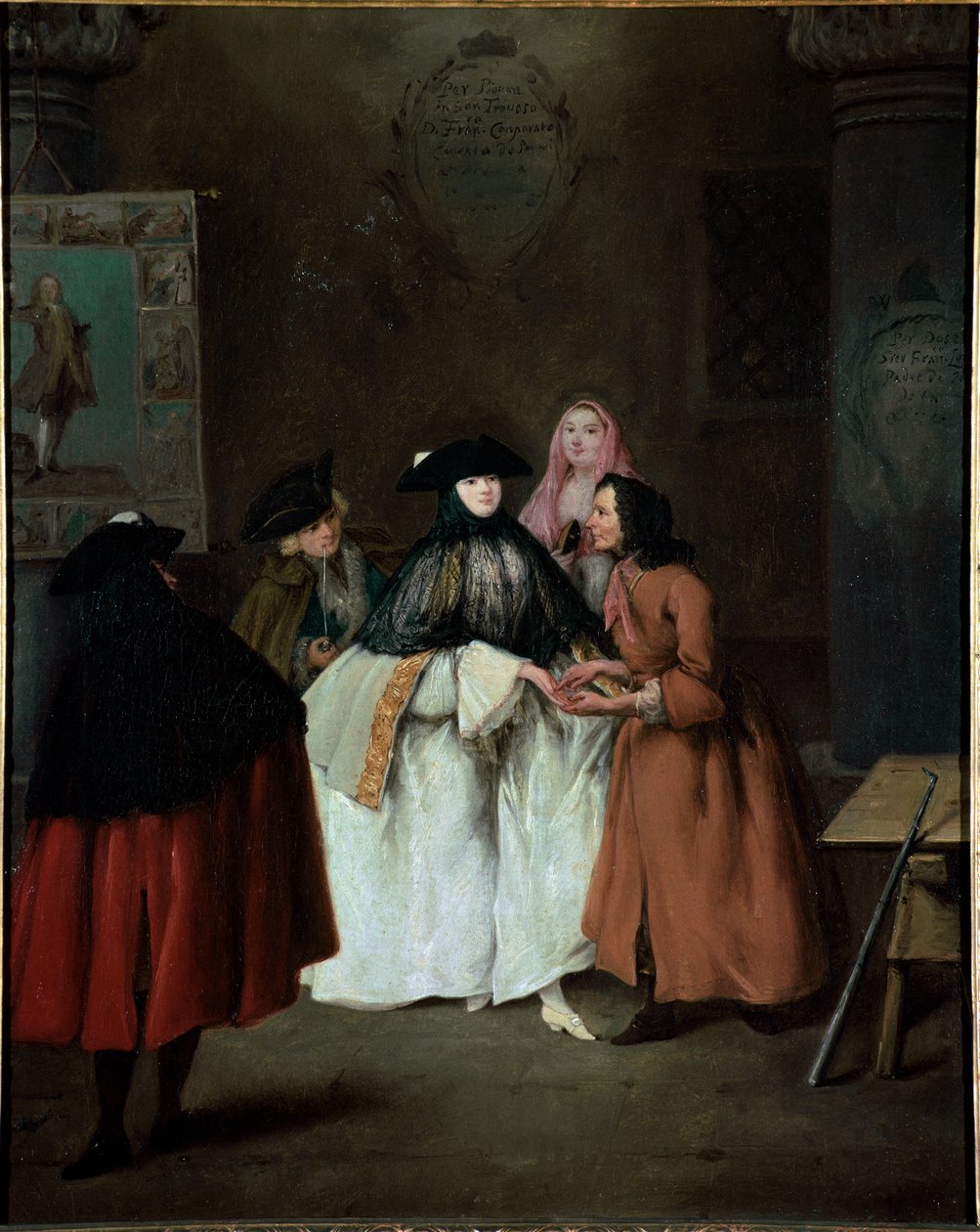 العراف (العراف) (الإندوفينا) لوحة لبيترو لونجي (1702-1785) 1752-1756 قاتمة 62x50 سم البندقية ، كاريزونيكو بواسطة بيترو لونغي