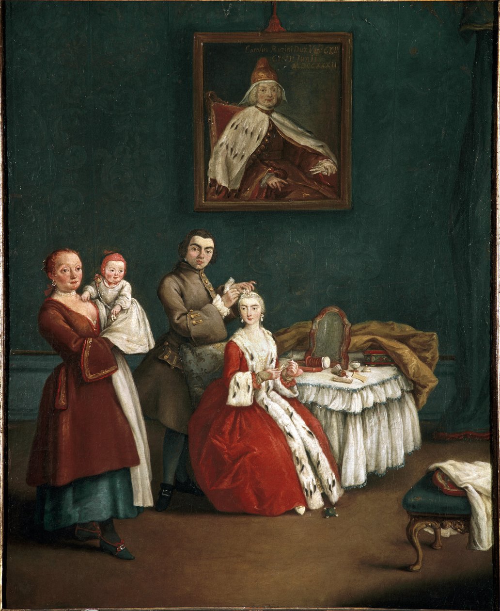مصفف الشعر (مصفف الشعر) لوحة لبيترو لونجي (1701-1785) 1760 خافت 63x51 سم فينيسيا ، كا ريزونيكو ، ن 128 إيطاليا بواسطة بيترو لونغي