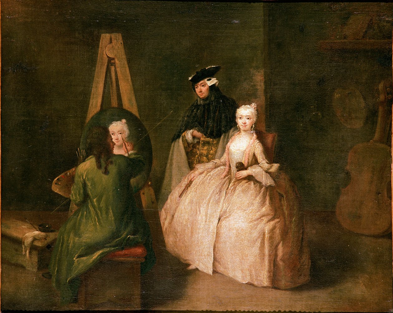مرسم الرسام الرسام أمام حامله الحامل يصور امرأة شابة. رسم بييترو لونجي (1702-1785) 1740-1745 صن. 44x53 سم البندقية ، Ca 