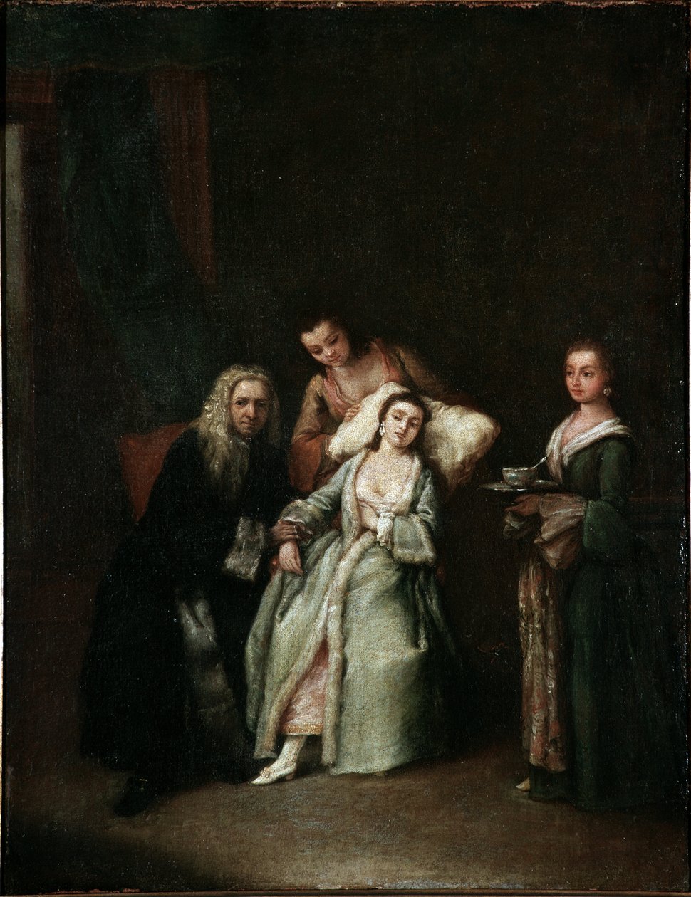 المرأة المريضة زيارة الطبيب الذي يأخذ نبض المريض لوحة لبيترو لونجي (1702-1785) 1741 Dim 52x41 cm البندقية ، Ca Rezzonico ، رقم 134 بواسطة بيترو لونغي