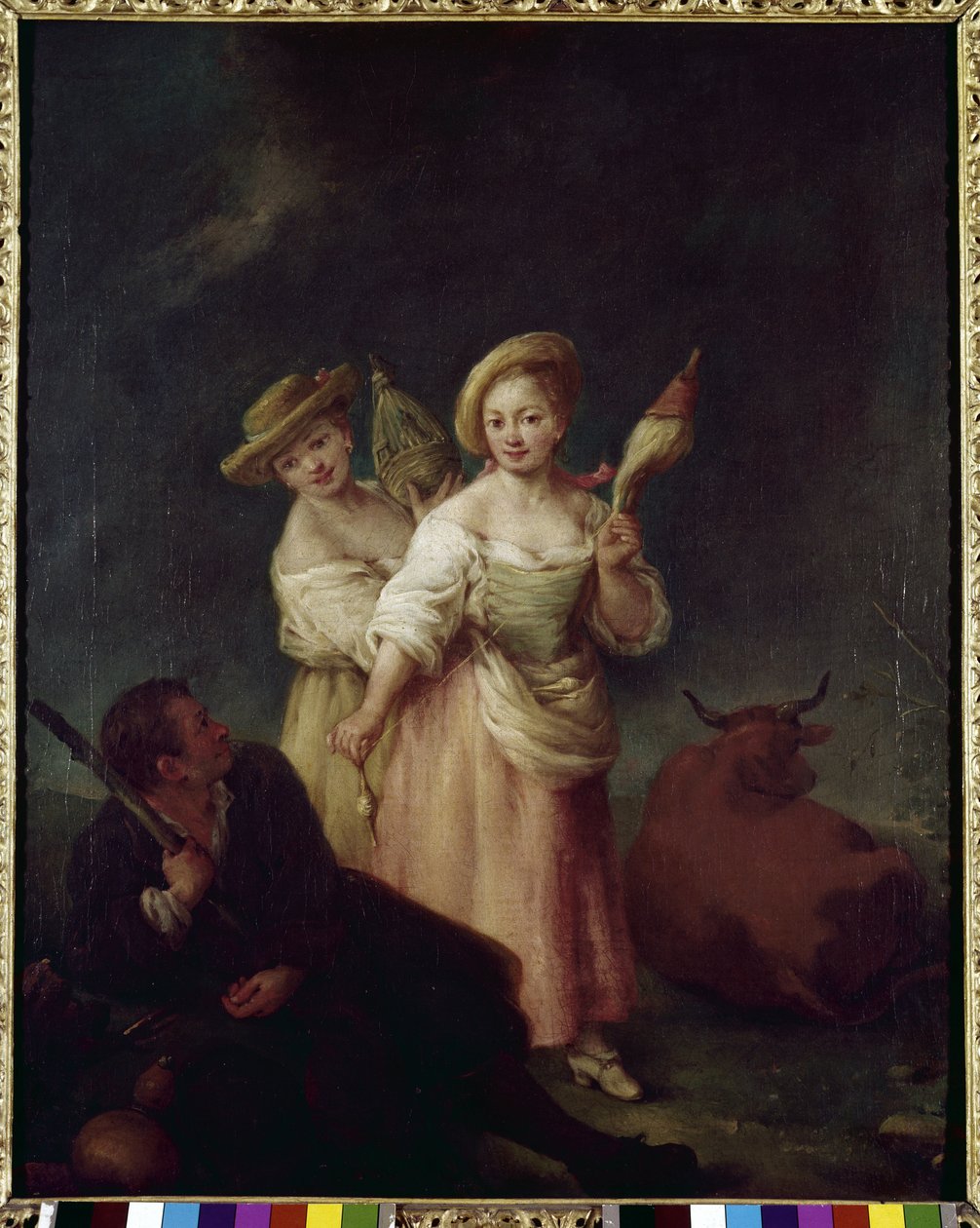 الغزالون (The filatrici) - لوحة لبيترو لونجي (1702-1785) ، زيت على قماش ، 60 × 49 سم ، حوالي عام 1760. البندقية ، مؤسسة كويريني ستامباليا. بواسطة بيترو لونغي