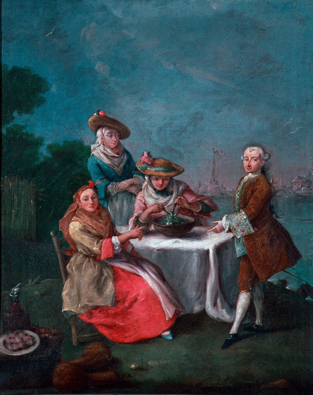 To taste it in the gardens of the Venetian estuary in Cartosa or the Vignole Two women in travel suits, one of them seasoned the salad. Painting by Pietro Longhi (1702-1785) 1759 approx. Sun. 62x50 cm venise, Ca 