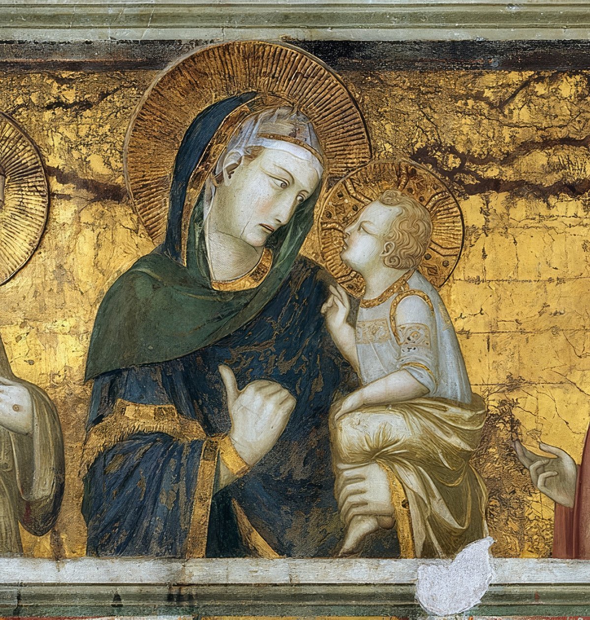 العذراء والطفل بين فرانسيس أسيزي ويوحنا الإنجيلي. التفاصيل. تقريبا. 1315-1319 بواسطة بيترو لورينزيتي