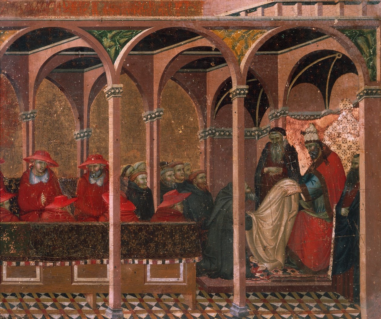 Honorius III يوافق على قاعدة Carmelite ، تفاصيل من predella of altarpiece for Carmine بواسطة Pietro Lorenzetti (حوالي 1280-1348) ، تمبرا وذهب على لوح خشبي بواسطة بيترو لورينزيتي